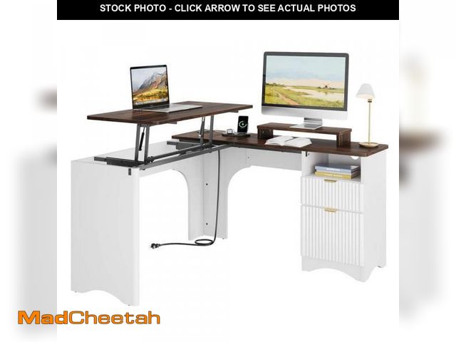 Lot 74-12172025 - Bestier 55 in. L-Shaped Walnut 2 Storage Drawers Computer Desk with Power Outlets, Lift-Top and Moni...
