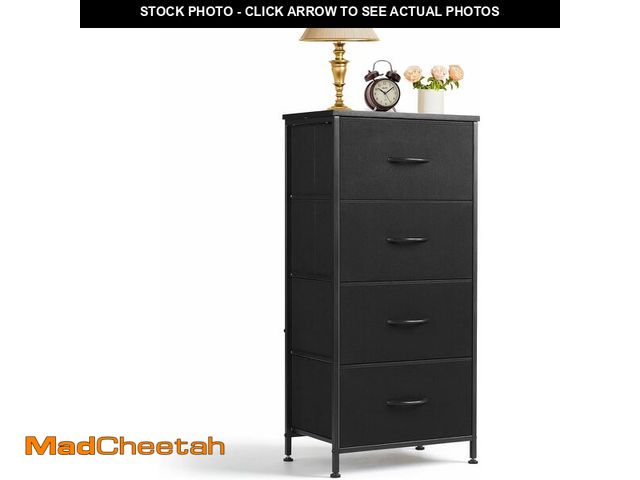 Lot 74-13844728 - Nightstand, 4 Drawer Dresser End Table Bedside Furniture with Wooden Top Steel Frame Fabric Bins for...