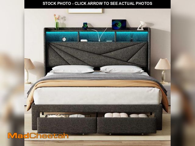 Lot 74-12160393 - Driftalia LED King Size Bed Frame with 2 Storage Drawers, Upholstered King Bed Frame with Headboard ...