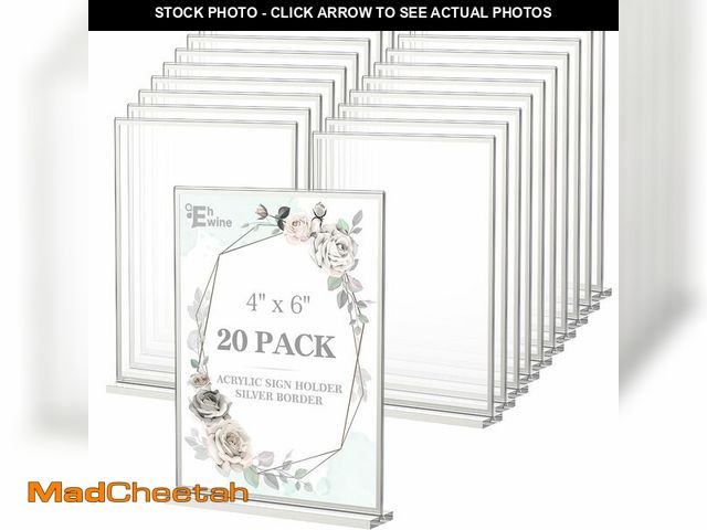 Lot 74-14266654 - EHWINE Acrylic Sign Holder 4 x 6, 20 Pack Double-Sided Stand up Table Top Sign Holders, Silver Acryl...