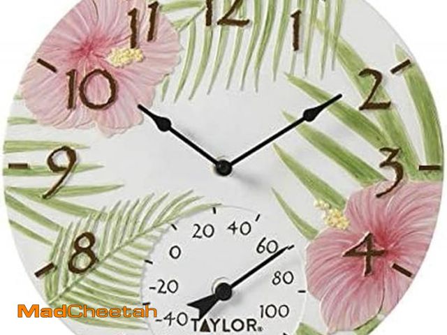 Lot 74-12366364 - Taylor Pink Hibiscus Poly Resin Indoor and Outdoor Clock and Thermometer, Home Decor for Garden, Pat...