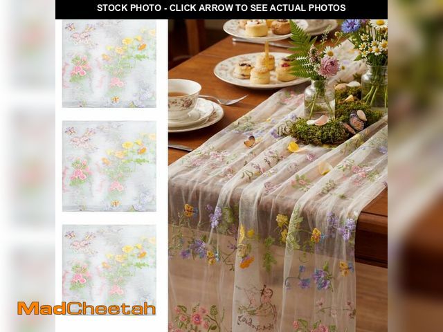 Lot 74-14433756 - Windkream Ivory White Floral Table Runner 10ft Embroidery Tulle Spring Wildflower Table Runner Seaso...