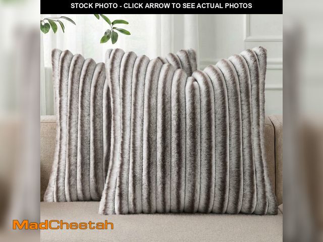 Lot 74-14212213 - Pallene Faux Fur Plush Throw Pillow Covers 18x18 Set of 2, Luxury Soft Fluffy Striped Decorative Pil...