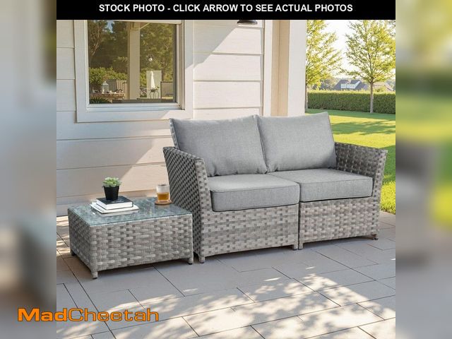 Lot 74-12811219 - XIZZI Vanilla 3 Pieces Wicker Patio Conversation Seating Sofa Set with Dark Gray Cushions - UNUSED