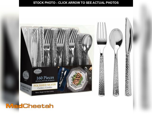 Lot 74-12330586 - Plastic Cutlery Silverware Extra Heavyweight Disposable Flatware, Full Size Cutlery Combo, Silver Pe...
