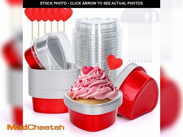Lot 74-13543257 - FYSUIMU 100Pcs Valentine Heart Shaped Cake Pans 3.5oz Red Mini Aluminum Foil Baking Cups with Lids S...