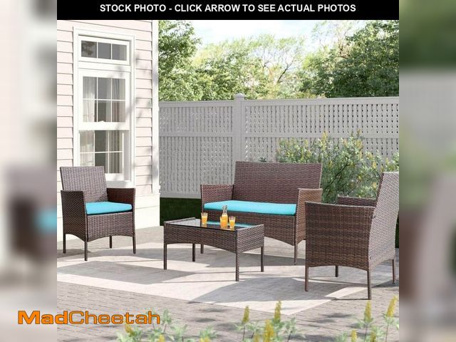 Lot 74-14306907 - Tozey Brown 4-Pieces Wicker Outdoor Patio Furniture Sets Rattan Chair Wicker Set with Blue Cushion -...