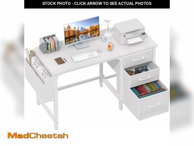 Lot 74-14367493 - Lufeiya White Desk with File Drawers Cabinet, 47 Inch Reversible Computer Desk with Fabric Filing Ca...