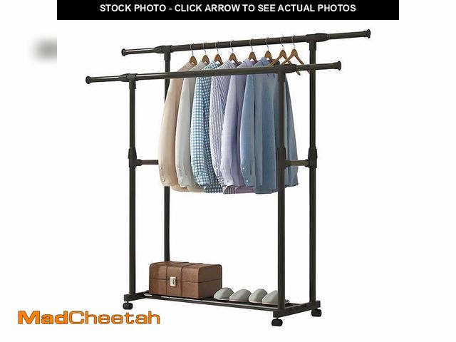 Lot 74-12779871 - HioHa Double Rods Clothing Rack with Wheels &amp; 2-Tier Shelf, Portable Wardrobe Organizer for Bedr...
