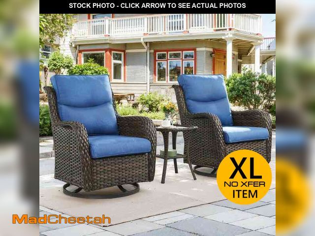 Lot 74-12663759 - moosprr LunaCurve 3-Piece Brown Swivel Glider Wicker Outdoor Rocking Chair with 5 in. Blue Cushions ...