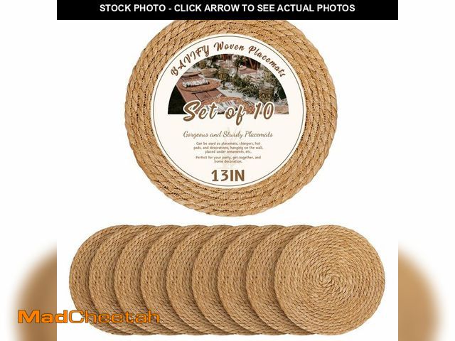 Lot 74-14043952 - 13 in Round Woven Placemats Plate Chargers Set of 10, Boho Farmhouse Rustic Woven Place Mats for Din...