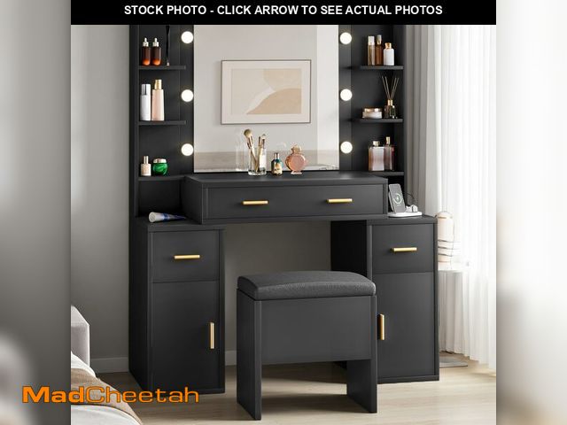 Lot 74-12762975 - DWVO Makeup Vanity Set with Mirror &amp; 3-Mode Lights, Vanity Desk with Storage Stool, Power Outlet...