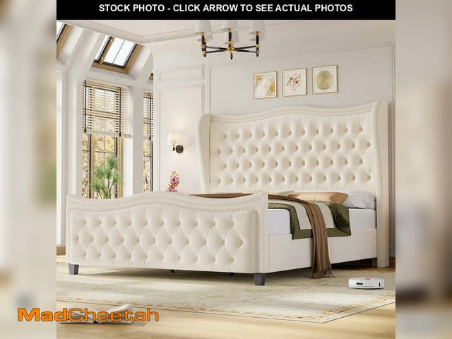 Lot 74-12562325 - Homfa Queen Size Bed Frame, Modern Velvet Tufted Wingback Bed, Platform Bed with 55"H Upholstered He...