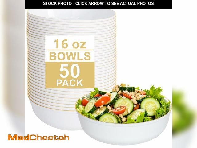 Lot 74-14209784 - I00000 50 Pack White Plastic Bowls with Gold Rim,16 oz Disposable Soup Bowls,Premium Heavy Plastic S...