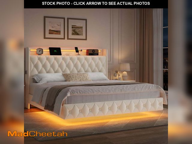 Lot 74-13780483 - (MISSING HARDWARE) Hiphuta Full Size Floating Upholstered Beds with LED Lights, Velvet Leather Sturd...