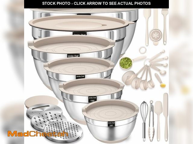 Lot 74-12714928 - Mixing Bowls with Airtight Lids Set, 26PCS Stainless Steel Khaki Bowls with Grater Attachments, Non-...