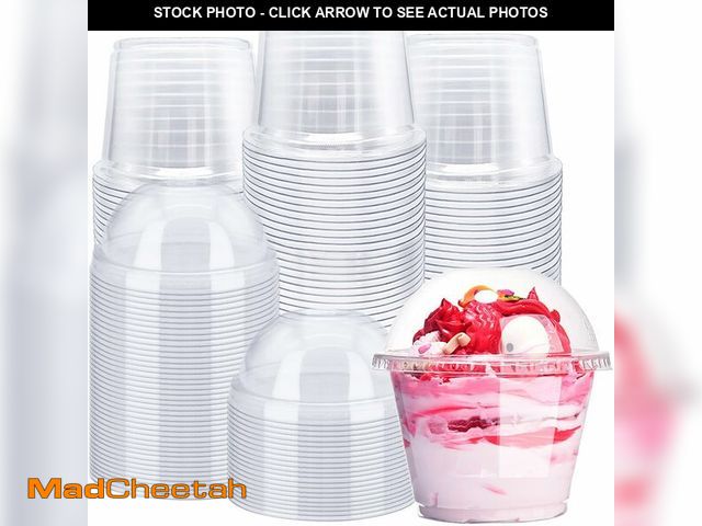 Lot 74-14264313 - Alaeseje 100 Pack 8oz Disposable Clear Plastic Cups with Dome Lids(Hole in the Lid),PET Dessert Cups...