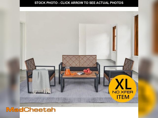 Lot 74-12690324 - Otryad 4-Piece Wicker Patio Conversation Set with Black Cushions, Acacia Wood Coffee Table and 3 Arm...