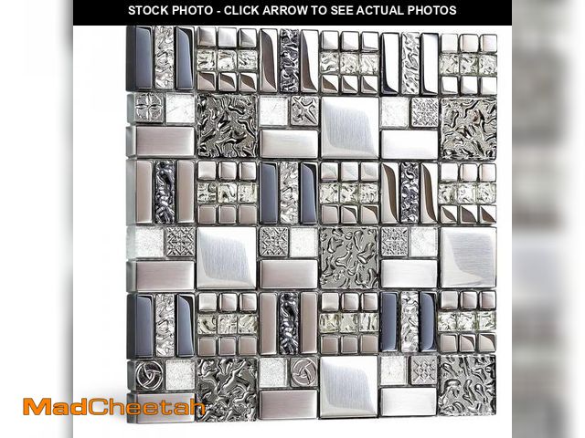 Lot 74-12213847 - Blujellyfish Metallic Glass Mosaic Tiles Silver Gray 100% Glass Tile Water Resistant for Kitchen Bac...