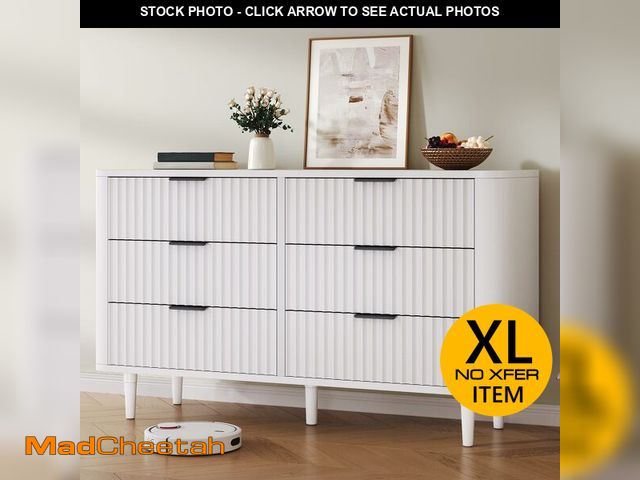 Lot 74-12787313 - DWVO 6 Drawer Dresser with Waveform Fluted Panel, Wider Modern Closet Dressers Chest of Drawers, Woo...