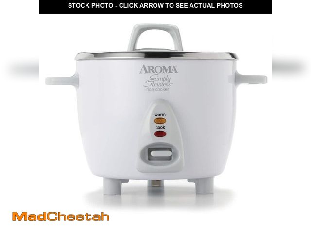 Lot 74-14222548 - AROMA Simply 6-Cup Stainless Steel White Rice Cooker with Measuring Cup and Serving Spatula - UNUSED