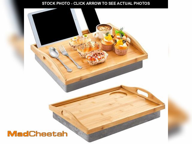 Lot 74-14212428 - Pickmesh 2 Pcs Bamboo Lap Tray with Detachable Pillow Wood Bed Food Trays with Cushion 16.9 x 13 Inc...