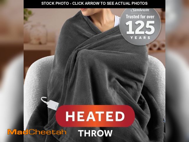 Lot 74-12421635 - Sunbeam Heated Throw Blanket Super Soft Microplush Oversize Grey Stone Faux Shearling 4 Heat Setting...