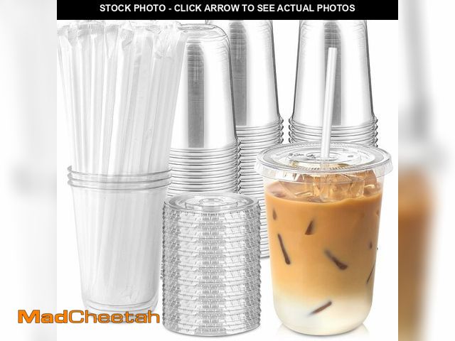 Lot 74-13951223 - Jycnolm [100 Sets - 16oz Round Bottom Clear Plastic Cups with Lids and Straws, Disposable Iced Coffe...