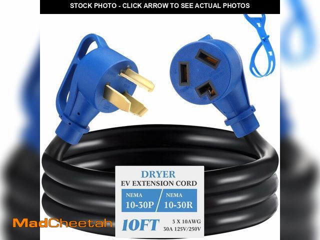 Lot 74-14210255 - Kanayu 10 FT 3 Prong Dryer/EV Extension Cord 30 Amp NEMA 10-30P to 10-30R for 3 Prong Older Dryer an...