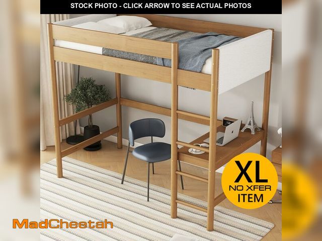 Lot 74-13637344 - KEIKI Twin Size Loft Bed with Desk, Rubber Wood Bunk Bed with Ladder &amp; Guardrails, Boucle Uphols...