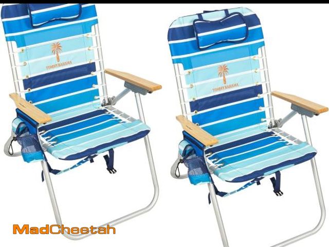 Lot 74-12283887 - Tommy Bahama Hi-Boy 17" Seat Height 4-Position Lace-Up Suspension Folding Backpack Beach Chair, 2-Pa...