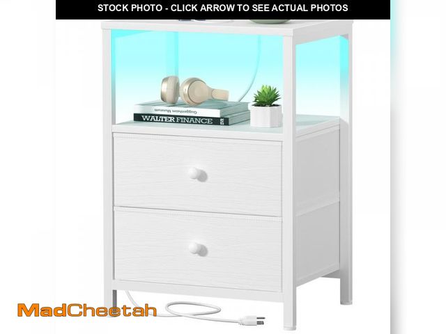 Lot 74-12433844 - BOLUO White Nightstand with Charging Station, LED Night Stand with 2 Fabric Drawers, Bedside Table w...