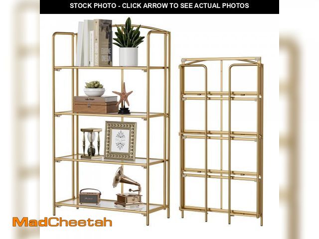 Lot 74-12538662 - Crofy No Assembly Folding Bookshelf for Living Room, 4 Tier Gold Collapsible Book Shelf for Home Off...
