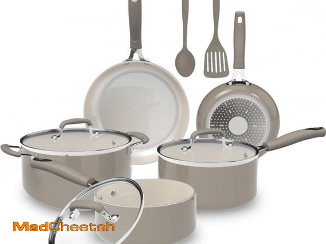Lot 74-12537822 - Mainstays 10 Piece Heavy Gauge Ceramic Cookware Set (HANDLE BROKE ON ONE PAN)  - USED