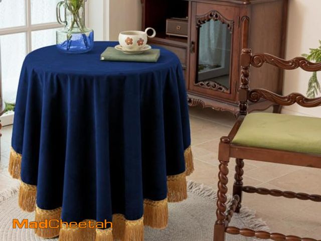Lot 74-12306459 - F-CHU Blue Tablecloth Thickset Velvet Tablecloth with Beautiful Gold Tassels Vintage Table Cloth for...