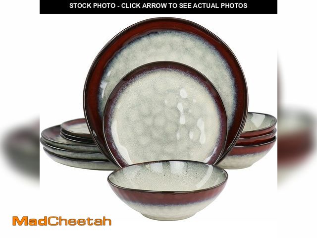 Lot 74-13331397 - Elama Samara 12 Piece Stoneware Dinnerware Set (Off White/Red Rim) - UNUSED