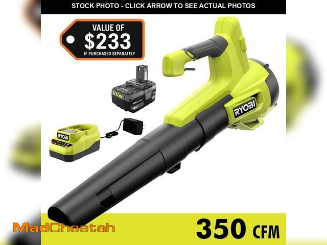 Lot 74-12989520 - RYOBI ONE+ 18V 100 MPH 350 CFM Cordless Battery Variable Speed Jet Fan Leaf Blower with 4.0 Ah Batte...