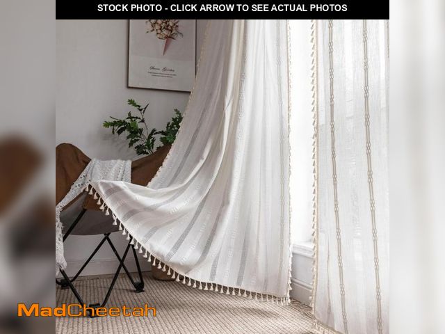 Lot 74-12128714 - KOEXM Semi-Blackout Boho Curtains 96 Inch 2 Panels for Living Room Linen Cotton Tassels Farmhouse Cu...