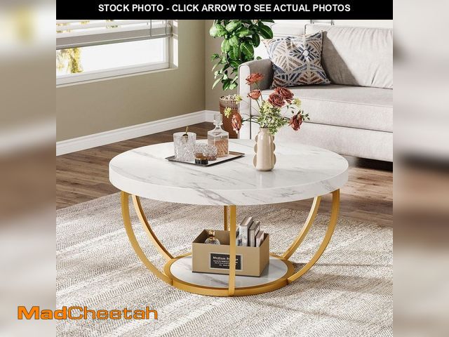 Lot 74-14292454 - BYBLIGHT Allan 31.7 in. White Faux Marble Round Wood Coffee Table with Storage Shelf, Modern Center ...