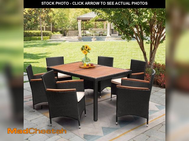 Lot 74-12801753 - (TABLE ONLY) Tozey Acacia and Wicker Outdoor Dining Table - UNUSED