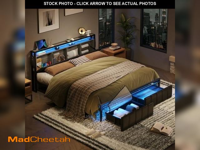 Lot 74-12253352 - Bestier King Size Platform Bed Frame with PU Leather Storage Headboard  LED Lights Charging Station ...
