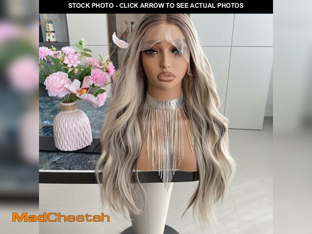 Lot 74-12970461 - Carkira Ash Platinum Blonde Lace Front Wig with Brown Hair Highlights 13x4 Long Body Wave Ombre Colo...