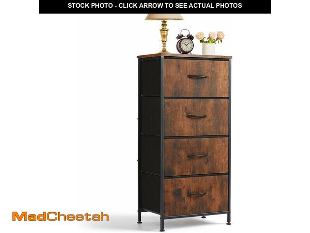 Lot 74-14068291 - Nightstand, 4 Drawer Dresser End Table Bedside Furniture with Wooden Top Steel Frame Fabric Bins for...