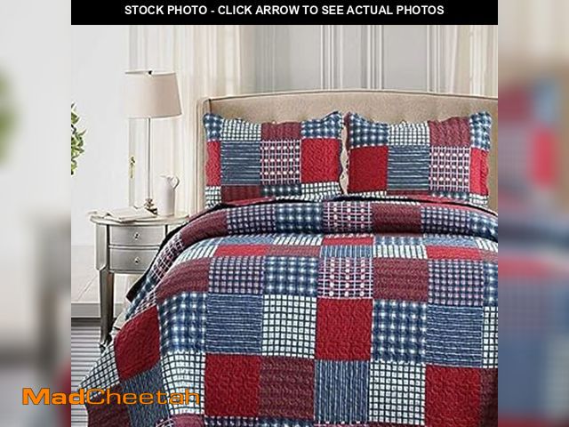 Lot 74-14148117 - Hailea Red Blue Plaid Quilt Set King Size Country Patchwork Bedding Set Lightweight Reversible Bedsp...