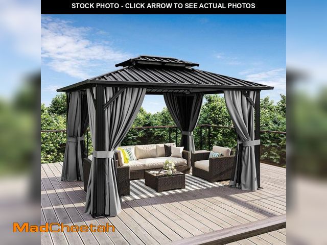 Lot 74-12091383 - Sizzim 12 ft. W x 10 ft. D Black Aluminum Double Roof Hardtop Gazebo with Ceiling Hook, Curtains and...