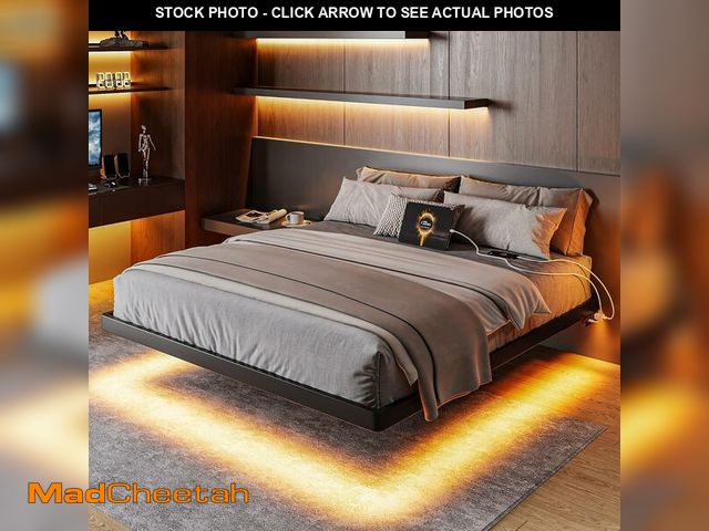 Lot 74-14068045 - Feonase Queen Floating Bed Frame with Charging Station and Led Lights, Metal Bed Frame with Heavy Du...