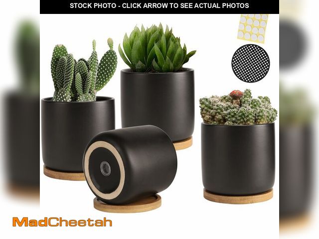 Lot 74-13203689 - OMAYKEY 4 Inch Ceramic Plant Pot with Saucer, Black Planters Pots with Drainage Hole and Mesh Pads f...
