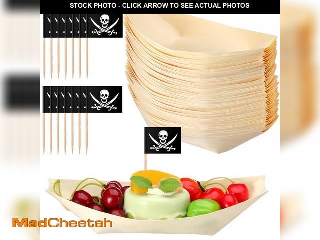Lot 74-12118964 - Nuogo 50 Pack 8 Inch Disposable Bamboo Boat Plates with Wood Sailing Flag Cake Topper Wooden Charcut...
