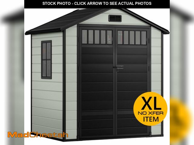 Lot 74-13122854 - DWVO 6x4.4 FT Resin Storage Shed with Fence-Style and Side Windows, Blue-Gray - UNUSED