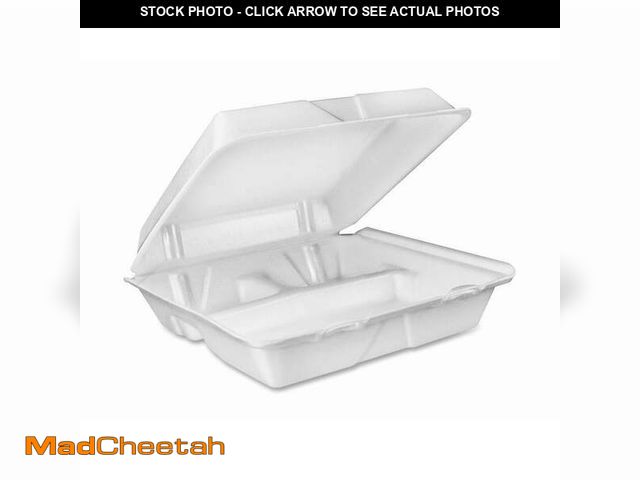 Lot 74-12888294 - Dart 3-Compartment Large Foam Take-Out Container, 9"x9", White (100 Pack) - UNUSED